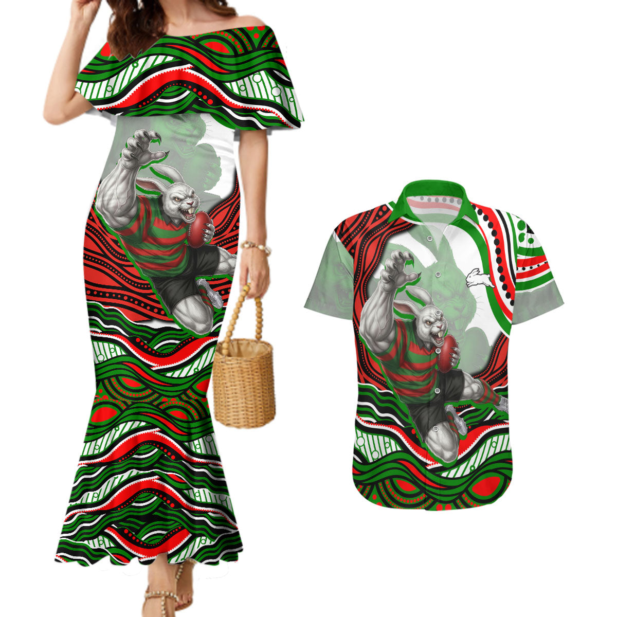 Personalized South Sydney Rabbitohs Couples Matching Mermaid Dress and Hawaiian Shirt Aboriginal Dot Art - Dreamtime Rugby Mascot