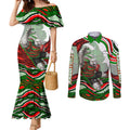 Personalized South Sydney Rabbitohs Couples Matching Mermaid Dress and Long Sleeve Button Shirt Aboriginal Dot Art - Dreamtime Rugby Mascot