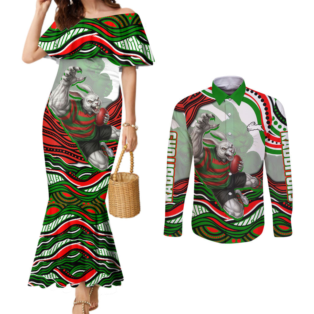 Personalized South Sydney Rabbitohs Couples Matching Mermaid Dress and Long Sleeve Button Shirt Aboriginal Dot Art - Dreamtime Rugby Mascot