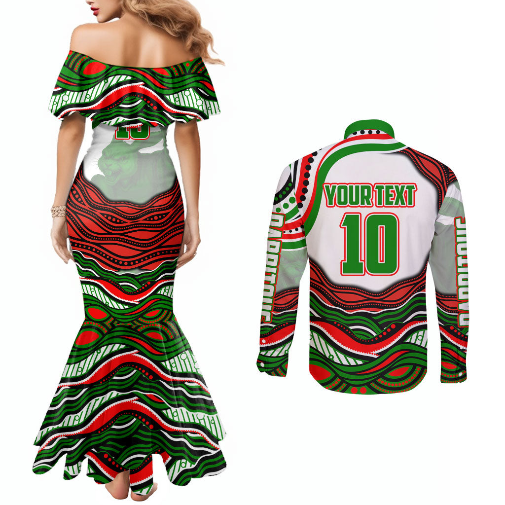 Personalized South Sydney Rabbitohs Couples Matching Mermaid Dress and Long Sleeve Button Shirt Aboriginal Dot Art - Dreamtime Rugby Mascot