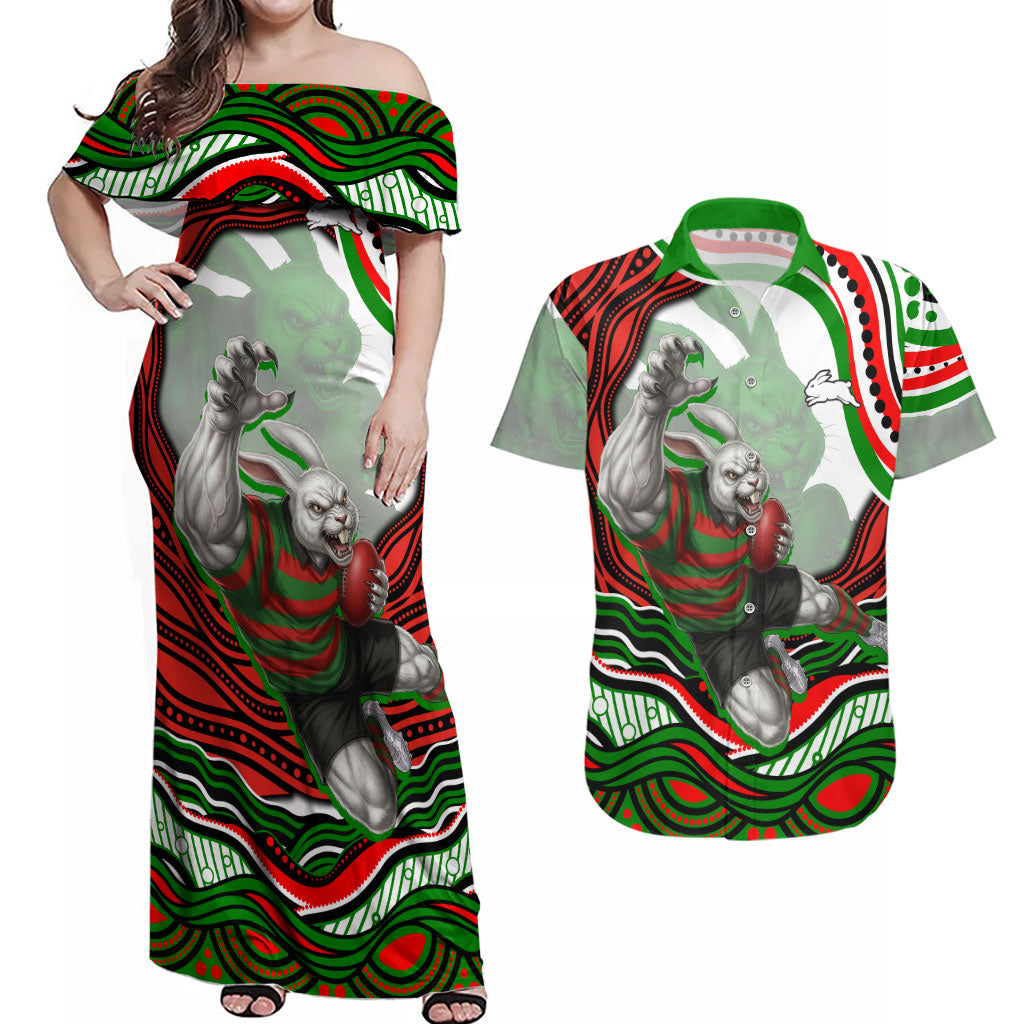 Personalized South Sydney Rabbitohs Couples Matching Off Shoulder Maxi Dress and Hawaiian Shirt Aboriginal Dot Art - Dreamtime Rugby Mascot