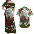Personalized South Sydney Rabbitohs Couples Matching Off Shoulder Maxi Dress and Hawaiian Shirt Aboriginal Dot Art - Dreamtime Rugby Mascot
