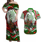 Personalized South Sydney Rabbitohs Couples Matching Off Shoulder Maxi Dress and Hawaiian Shirt Aboriginal Dot Art - Dreamtime Rugby Mascot