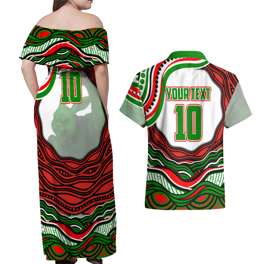 Personalized South Sydney Rabbitohs Couples Matching Off Shoulder Maxi Dress and Hawaiian Shirt Aboriginal Dot Art - Dreamtime Rugby Mascot