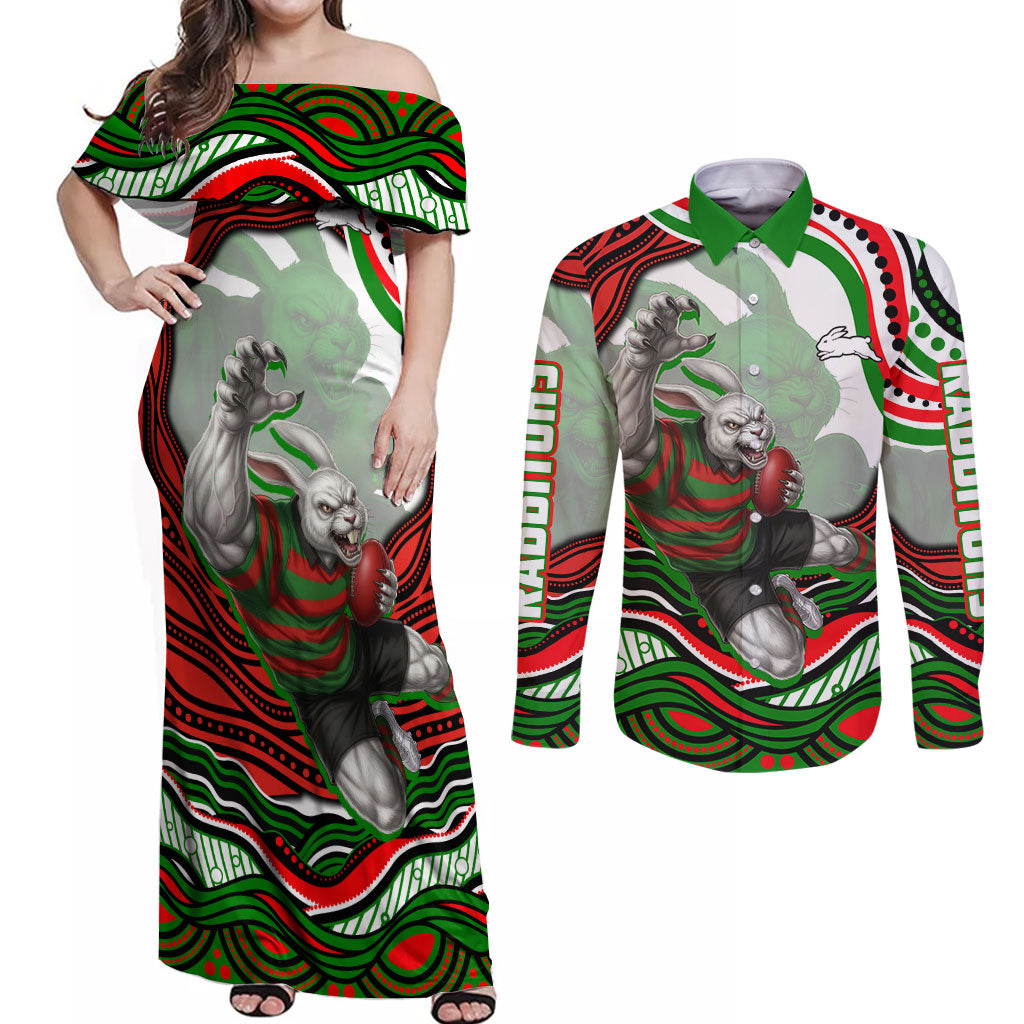 Personalized South Sydney Rabbitohs Couples Matching Off Shoulder Maxi Dress and Long Sleeve Button Shirt Aboriginal Dot Art - Dreamtime Rugby Mascot