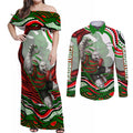Personalized South Sydney Rabbitohs Couples Matching Off Shoulder Maxi Dress and Long Sleeve Button Shirt Aboriginal Dot Art - Dreamtime Rugby Mascot