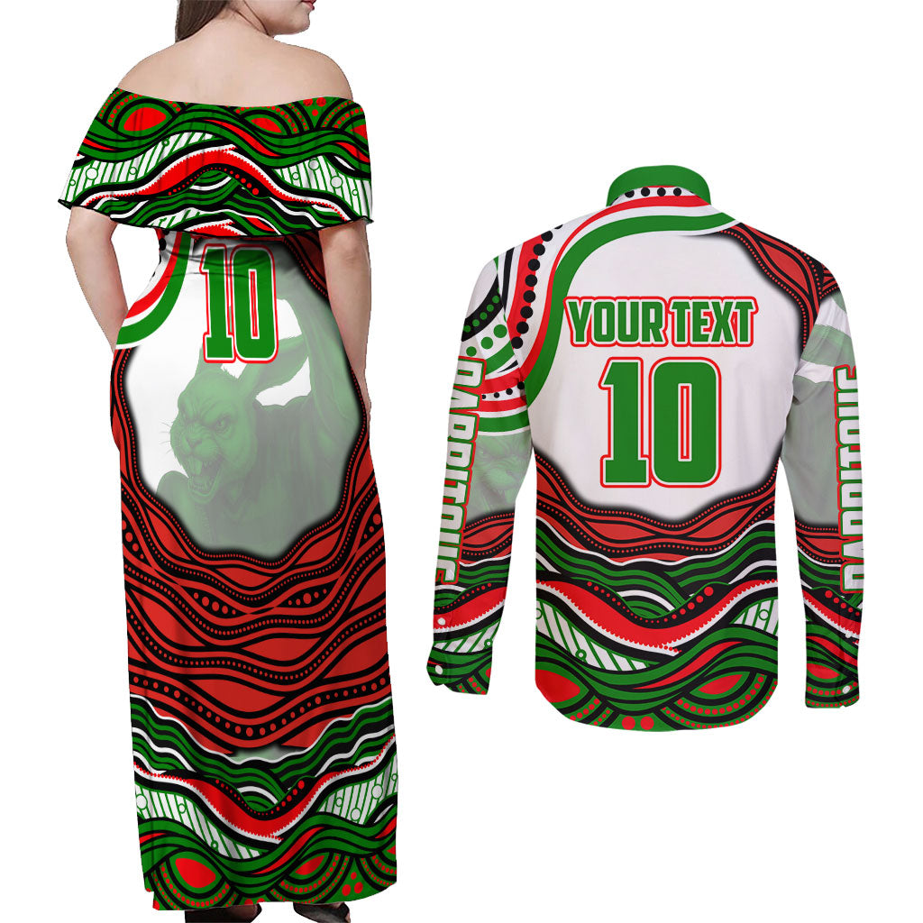 Personalized South Sydney Rabbitohs Couples Matching Off Shoulder Maxi Dress and Long Sleeve Button Shirt Aboriginal Dot Art - Dreamtime Rugby Mascot
