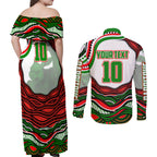 Personalized South Sydney Rabbitohs Couples Matching Off Shoulder Maxi Dress and Long Sleeve Button Shirt Aboriginal Dot Art - Dreamtime Rugby Mascot