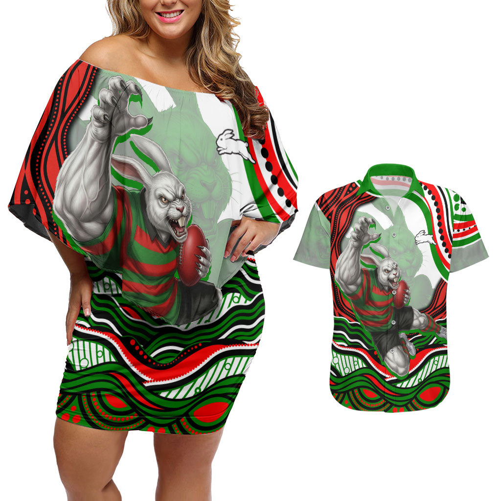Personalized South Sydney Rabbitohs Couples Matching Off Shoulder Short Dress and Hawaiian Shirt Aboriginal Dot Art - Dreamtime Rugby Mascot