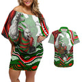 Personalized South Sydney Rabbitohs Couples Matching Off Shoulder Short Dress and Hawaiian Shirt Aboriginal Dot Art - Dreamtime Rugby Mascot