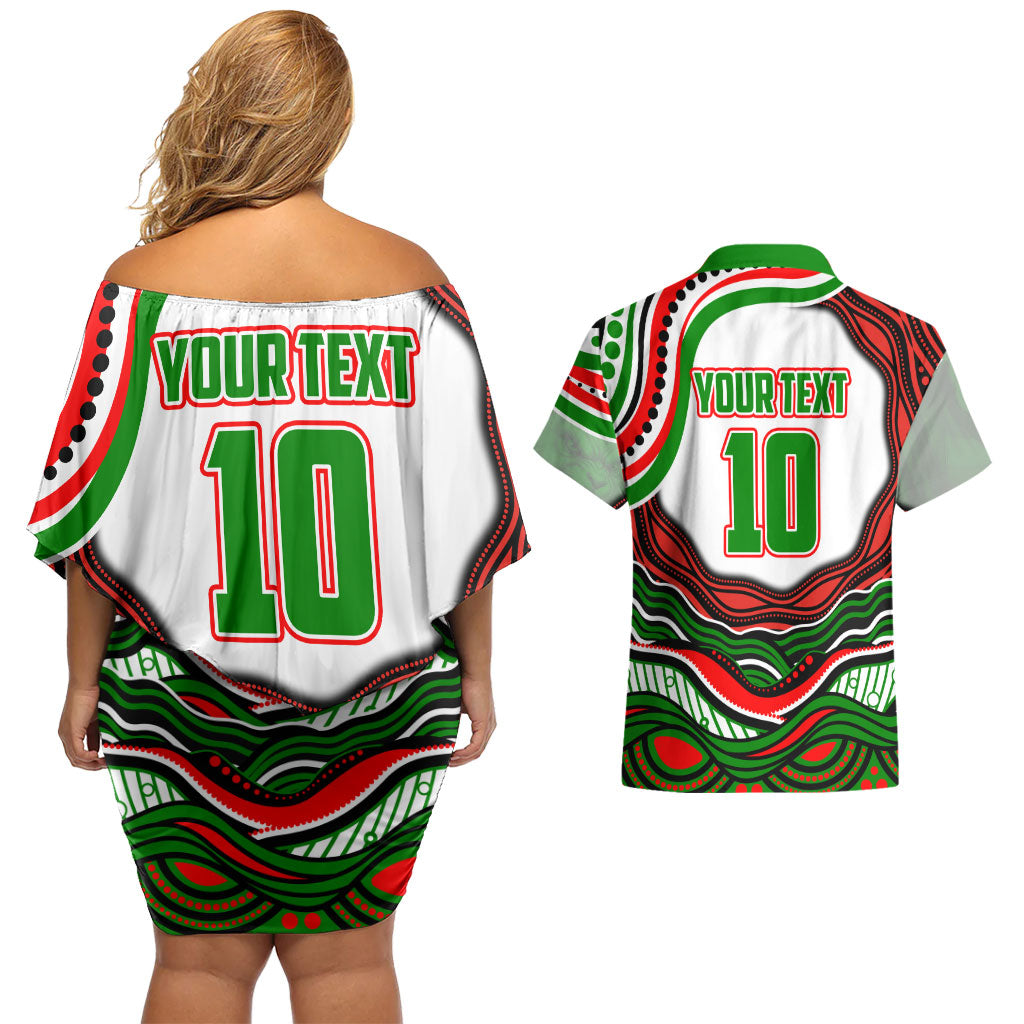 Personalized South Sydney Rabbitohs Couples Matching Off Shoulder Short Dress and Hawaiian Shirt Aboriginal Dot Art - Dreamtime Rugby Mascot