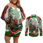 Personalized South Sydney Rabbitohs Couples Matching Off Shoulder Short Dress and Long Sleeve Button Shirt Aboriginal Dot Art - Dreamtime Rugby Mascot