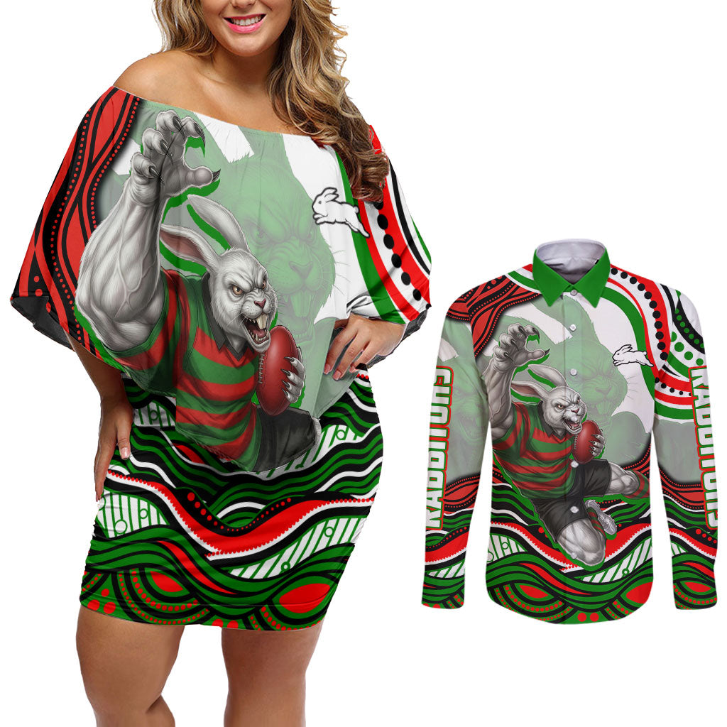 Personalized South Sydney Rabbitohs Couples Matching Off Shoulder Short Dress and Long Sleeve Button Shirt Aboriginal Dot Art - Dreamtime Rugby Mascot