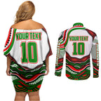 Personalized South Sydney Rabbitohs Couples Matching Off Shoulder Short Dress and Long Sleeve Button Shirt Aboriginal Dot Art - Dreamtime Rugby Mascot