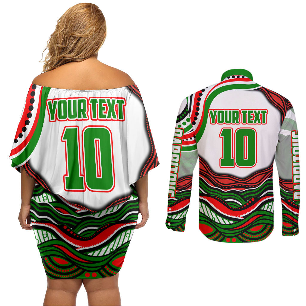 Personalized South Sydney Rabbitohs Couples Matching Off Shoulder Short Dress and Long Sleeve Button Shirt Aboriginal Dot Art - Dreamtime Rugby Mascot