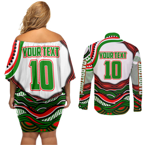 Personalized South Sydney Rabbitohs Couples Matching Off Shoulder Short Dress and Long Sleeve Button Shirt Aboriginal Dot Art - Dreamtime Rugby Mascot