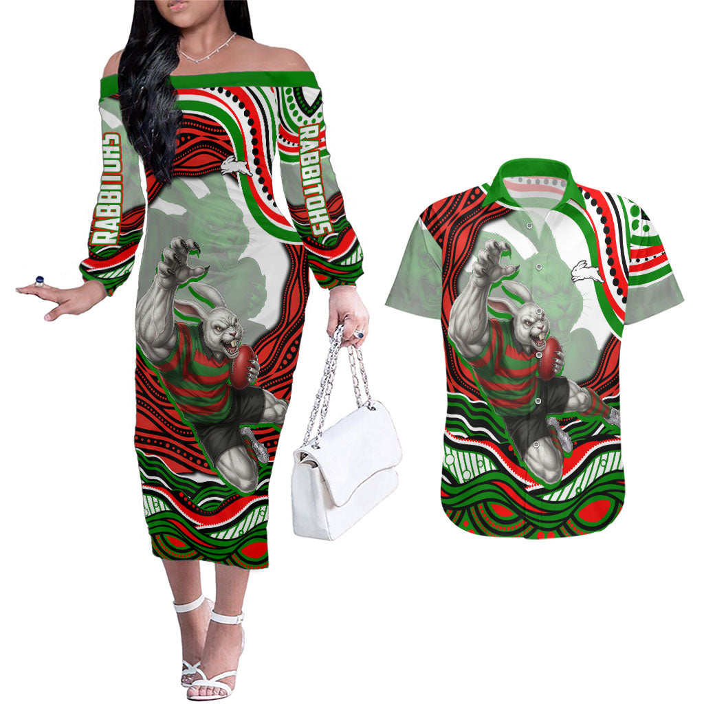 Personalized South Sydney Rabbitohs Couples Matching Off The Shoulder Long Sleeve Dress and Hawaiian Shirt Aboriginal Dot Art - Dreamtime Rugby Mascot