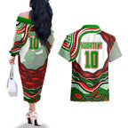 Personalized South Sydney Rabbitohs Couples Matching Off The Shoulder Long Sleeve Dress and Hawaiian Shirt Aboriginal Dot Art - Dreamtime Rugby Mascot