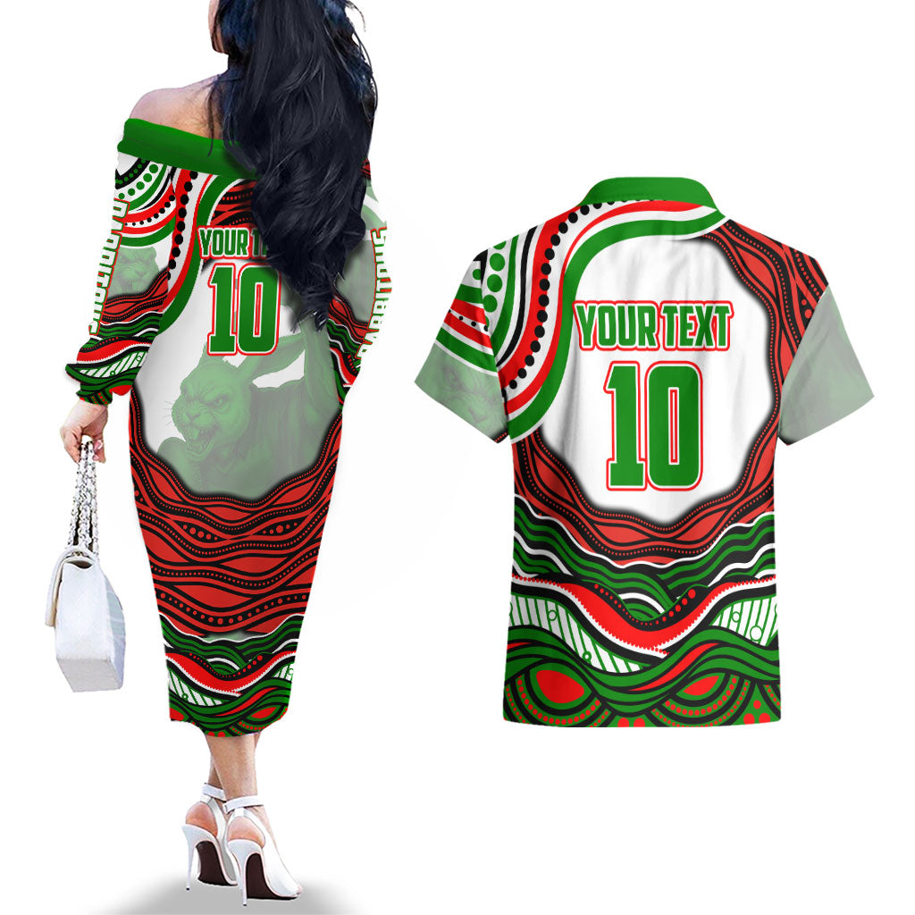 Personalized South Sydney Rabbitohs Couples Matching Off The Shoulder Long Sleeve Dress and Hawaiian Shirt Aboriginal Dot Art - Dreamtime Rugby Mascot