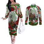 Personalized South Sydney Rabbitohs Couples Matching Off The Shoulder Long Sleeve Dress and Long Sleeve Button Shirt Aboriginal Dot Art - Dreamtime Rugby Mascot