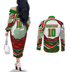 Personalized South Sydney Rabbitohs Couples Matching Off The Shoulder Long Sleeve Dress and Long Sleeve Button Shirt Aboriginal Dot Art - Dreamtime Rugby Mascot