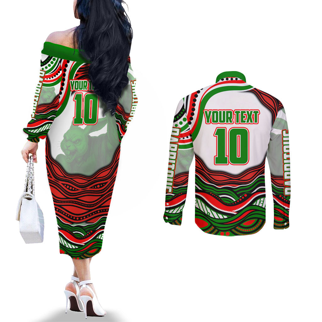 Personalized South Sydney Rabbitohs Couples Matching Off The Shoulder Long Sleeve Dress and Long Sleeve Button Shirt Aboriginal Dot Art - Dreamtime Rugby Mascot
