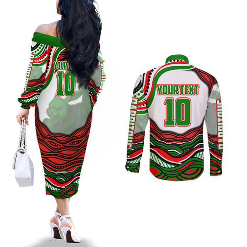 Personalized South Sydney Rabbitohs Couples Matching Off The Shoulder Long Sleeve Dress and Long Sleeve Button Shirt Aboriginal Dot Art - Dreamtime Rugby Mascot