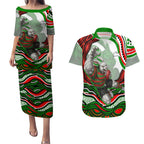 Personalized South Sydney Rabbitohs Couples Matching Puletasi and Hawaiian Shirt Aboriginal Dot Art - Dreamtime Rugby Mascot