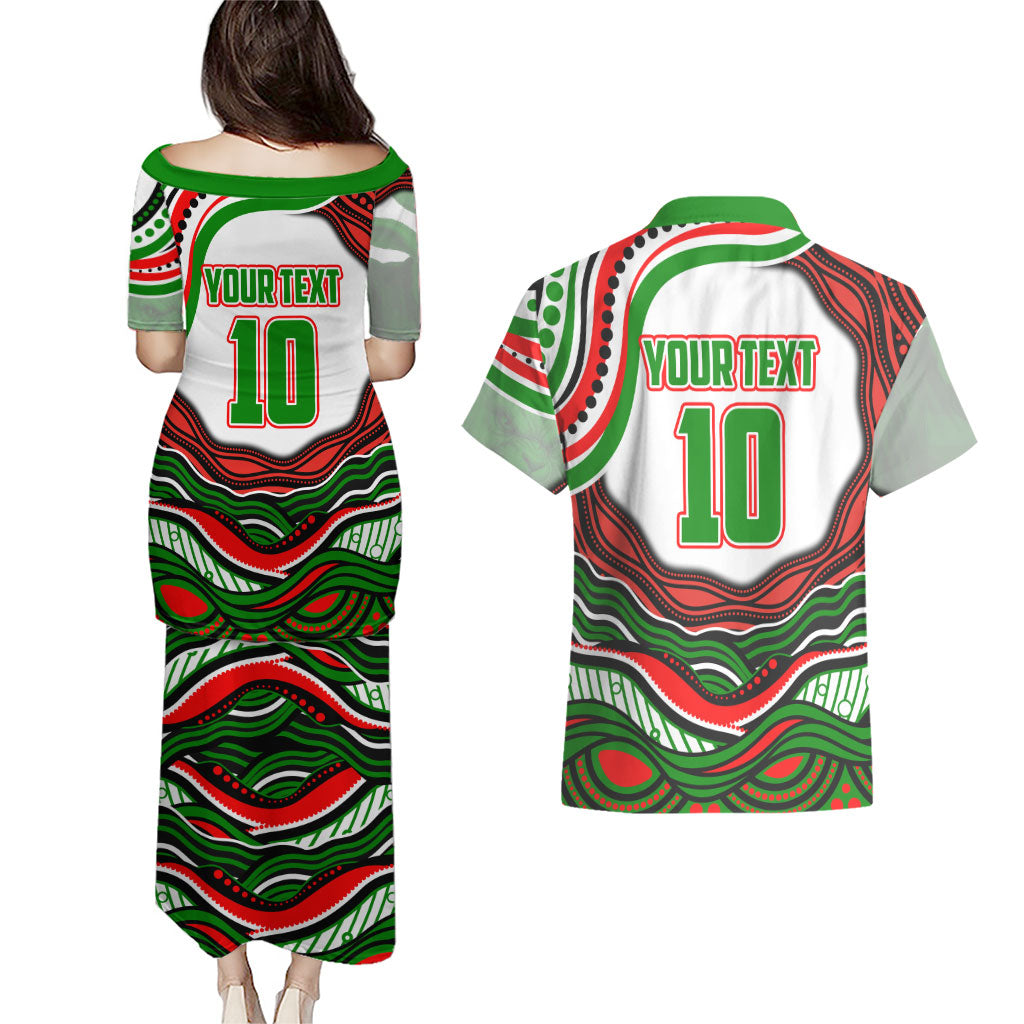 Personalized South Sydney Rabbitohs Couples Matching Puletasi and Hawaiian Shirt Aboriginal Dot Art - Dreamtime Rugby Mascot