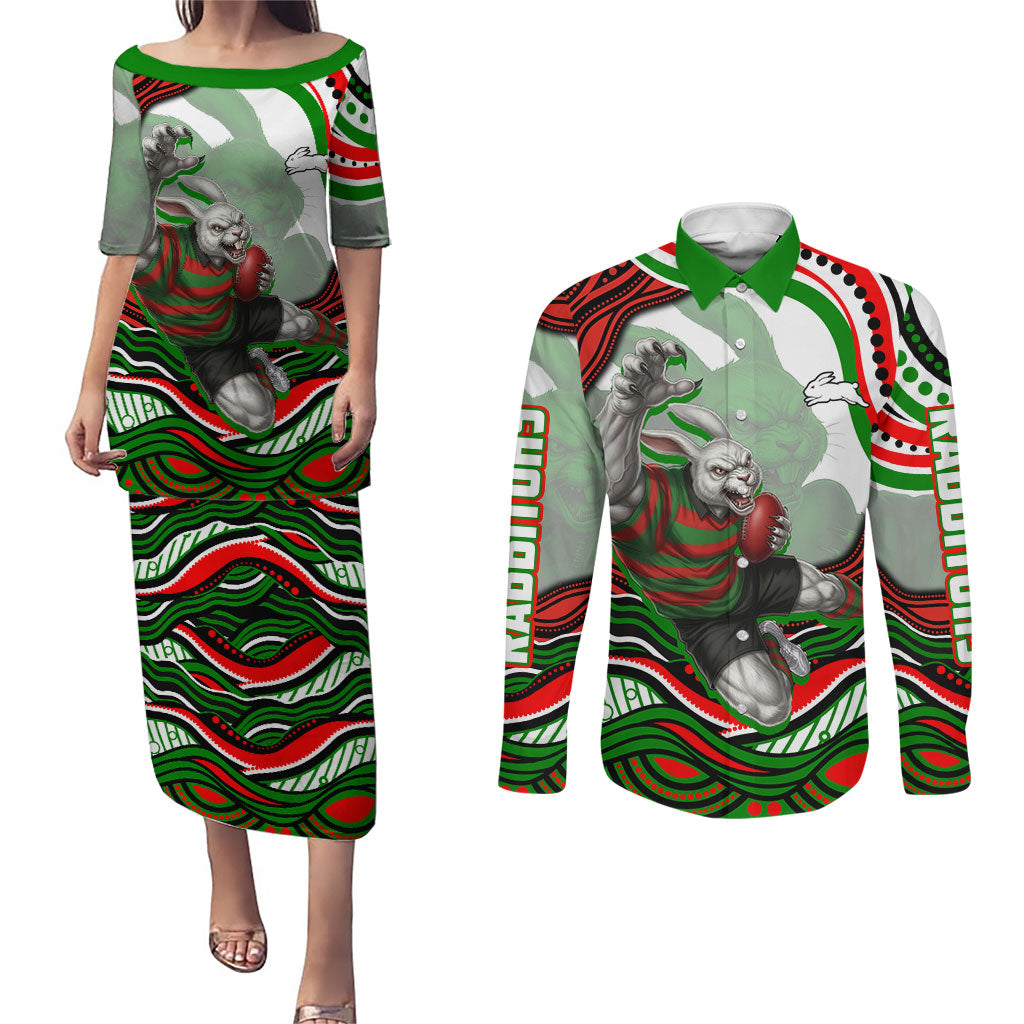 Personalized South Sydney Rabbitohs Couples Matching Puletasi and Long Sleeve Button Shirt Aboriginal Dot Art - Dreamtime Rugby Mascot