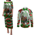 Personalized South Sydney Rabbitohs Couples Matching Puletasi and Long Sleeve Button Shirt Aboriginal Dot Art - Dreamtime Rugby Mascot