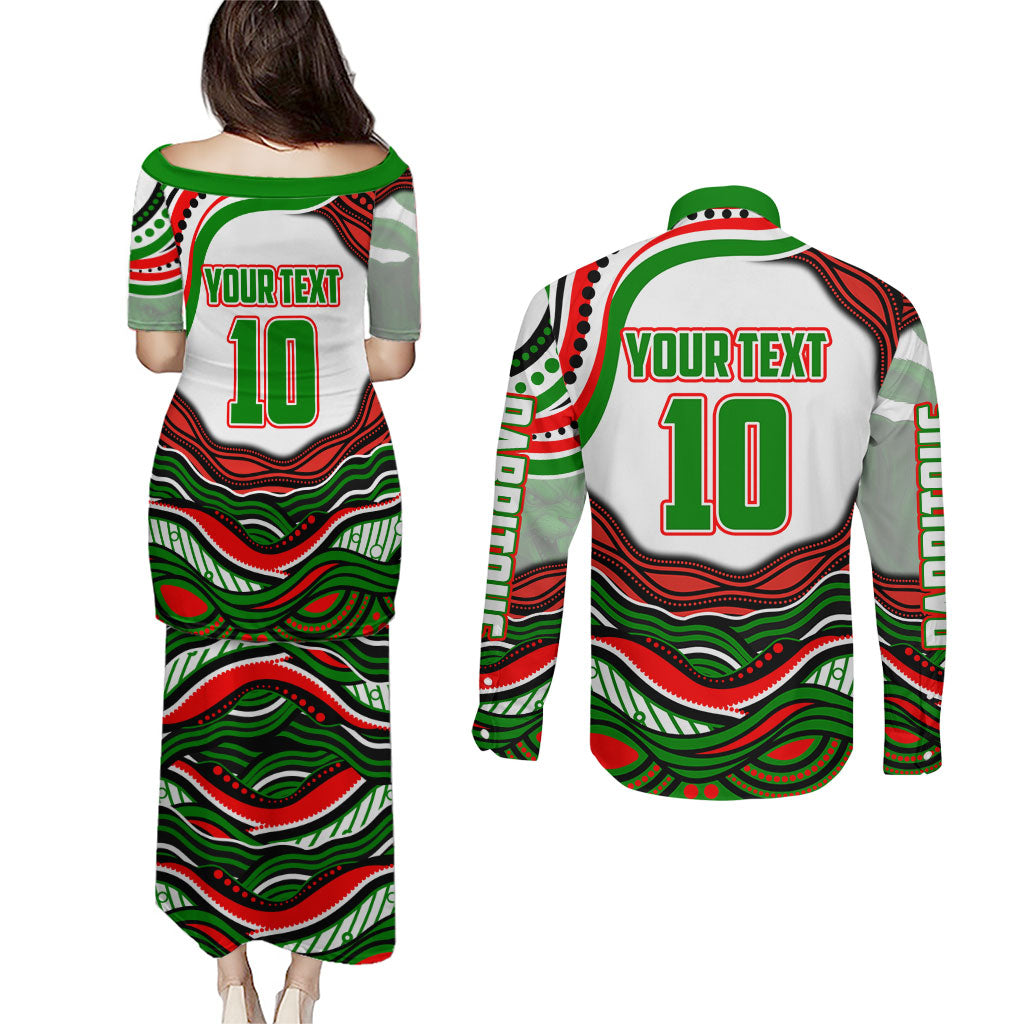 Personalized South Sydney Rabbitohs Couples Matching Puletasi and Long Sleeve Button Shirt Aboriginal Dot Art - Dreamtime Rugby Mascot