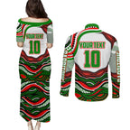 Personalized South Sydney Rabbitohs Couples Matching Puletasi and Long Sleeve Button Shirt Aboriginal Dot Art - Dreamtime Rugby Mascot