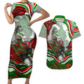Personalized South Sydney Rabbitohs Couples Matching Short Sleeve Bodycon Dress and Hawaiian Shirt Aboriginal Dot Art - Dreamtime Rugby Mascot