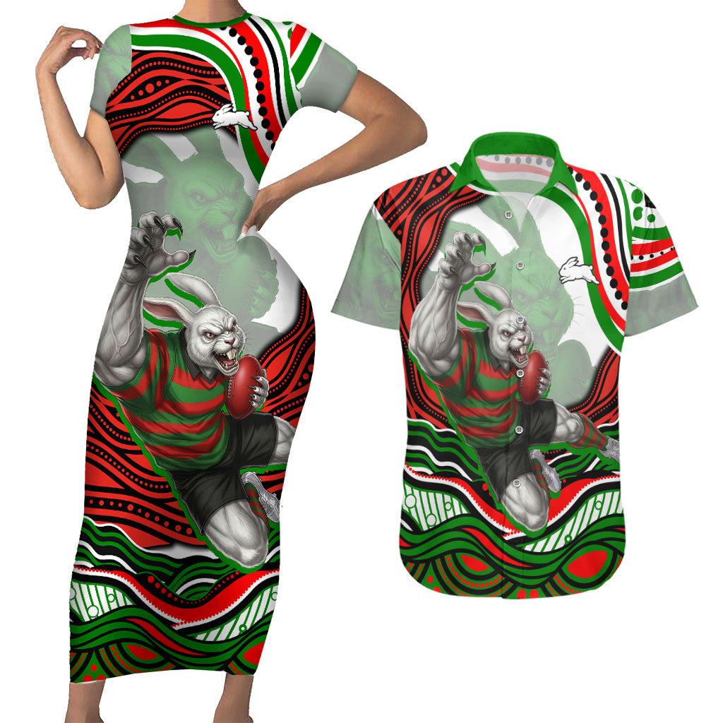 Personalized South Sydney Rabbitohs Couples Matching Short Sleeve Bodycon Dress and Hawaiian Shirt Aboriginal Dot Art - Dreamtime Rugby Mascot