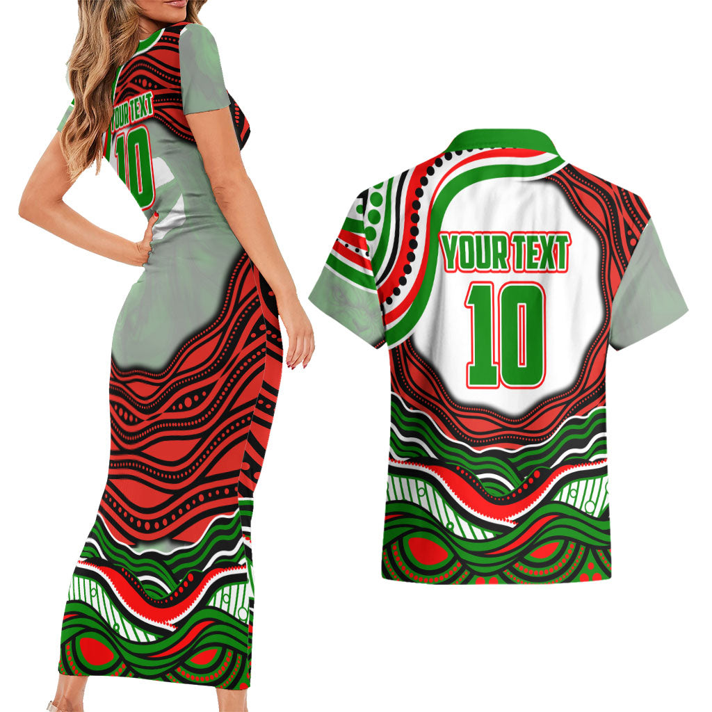 Personalized South Sydney Rabbitohs Couples Matching Short Sleeve Bodycon Dress and Hawaiian Shirt Aboriginal Dot Art - Dreamtime Rugby Mascot