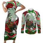 Personalized South Sydney Rabbitohs Couples Matching Short Sleeve Bodycon Dress and Long Sleeve Button Shirt Aboriginal Dot Art - Dreamtime Rugby Mascot