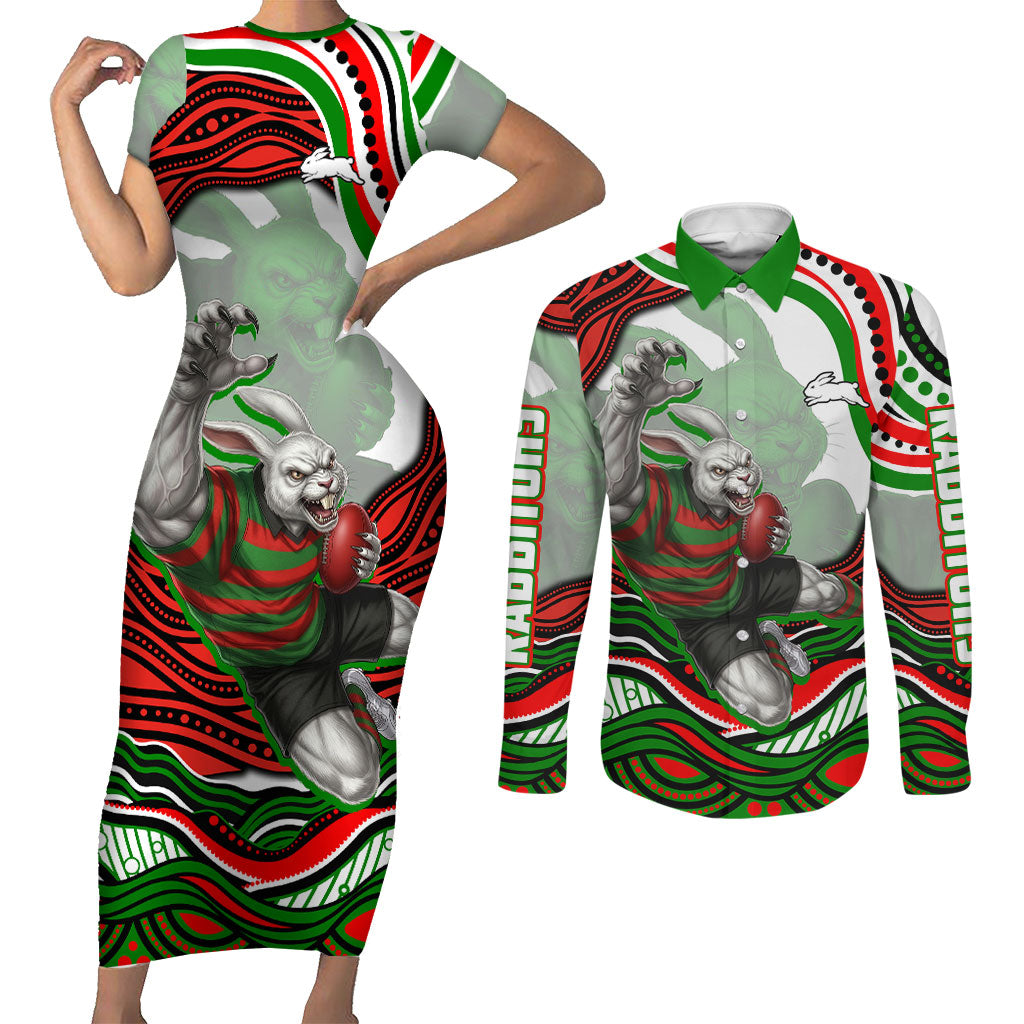 Personalized South Sydney Rabbitohs Couples Matching Short Sleeve Bodycon Dress and Long Sleeve Button Shirt Aboriginal Dot Art - Dreamtime Rugby Mascot