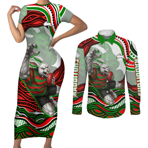 Personalized South Sydney Rabbitohs Couples Matching Short Sleeve Bodycon Dress and Long Sleeve Button Shirt Aboriginal Dot Art - Dreamtime Rugby Mascot
