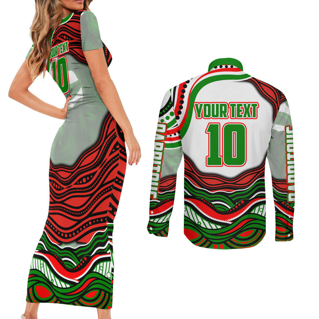 Personalized South Sydney Rabbitohs Couples Matching Short Sleeve Bodycon Dress and Long Sleeve Button Shirt Aboriginal Dot Art - Dreamtime Rugby Mascot