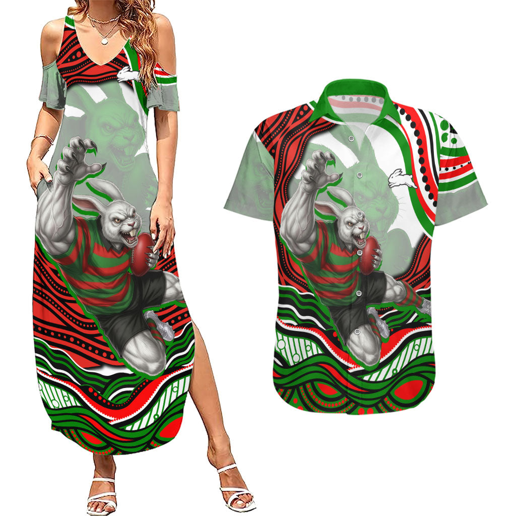 Personalized South Sydney Rabbitohs Couples Matching Summer Maxi Dress and Hawaiian Shirt Aboriginal Dot Art - Dreamtime Rugby Mascot