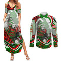 Personalized South Sydney Rabbitohs Couples Matching Summer Maxi Dress and Long Sleeve Button Shirt Aboriginal Dot Art - Dreamtime Rugby Mascot