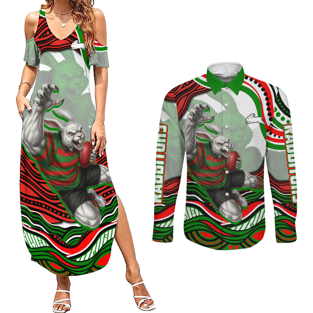 Personalized South Sydney Rabbitohs Couples Matching Summer Maxi Dress and Long Sleeve Button Shirt Aboriginal Dot Art - Dreamtime Rugby Mascot
