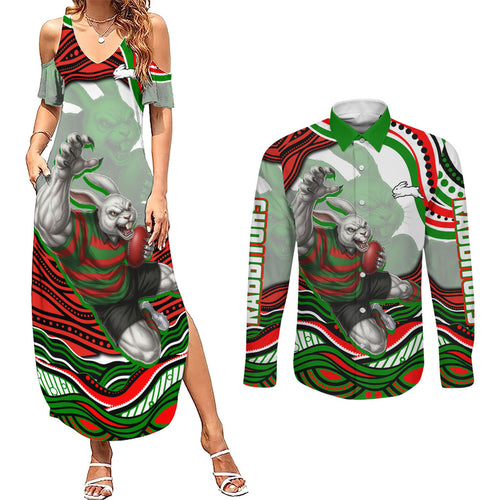 Personalized South Sydney Rabbitohs Couples Matching Summer Maxi Dress and Long Sleeve Button Shirt Aboriginal Dot Art - Dreamtime Rugby Mascot
