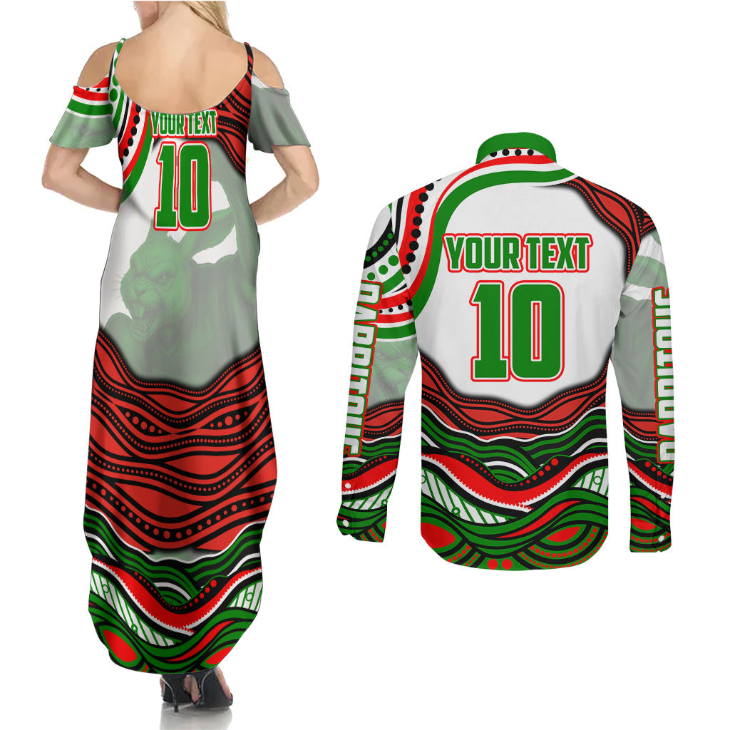 Personalized South Sydney Rabbitohs Couples Matching Summer Maxi Dress and Long Sleeve Button Shirt Aboriginal Dot Art - Dreamtime Rugby Mascot