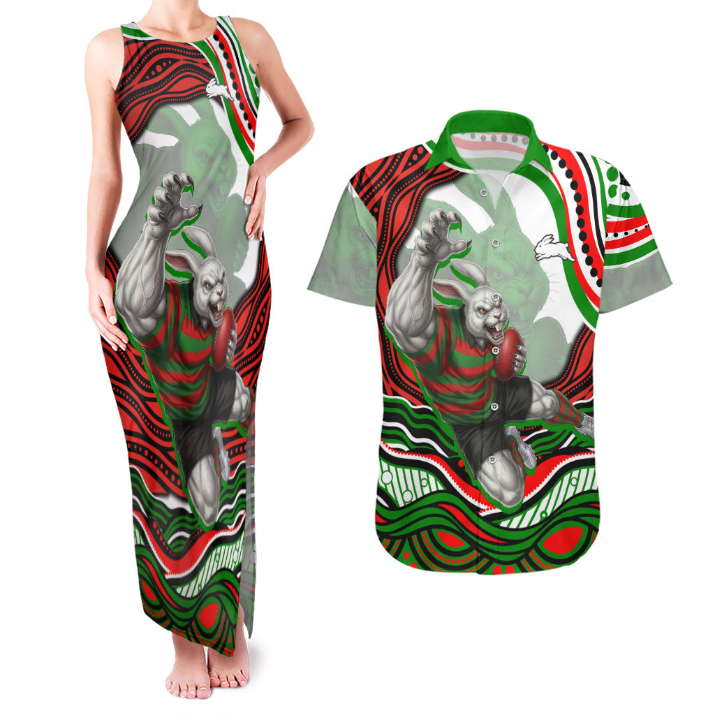 Personalized South Sydney Rabbitohs Couples Matching Tank Maxi Dress and Hawaiian Shirt Aboriginal Dot Art - Dreamtime Rugby Mascot