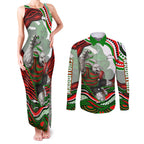 Personalized South Sydney Rabbitohs Couples Matching Tank Maxi Dress and Long Sleeve Button Shirt Aboriginal Dot Art - Dreamtime Rugby Mascot