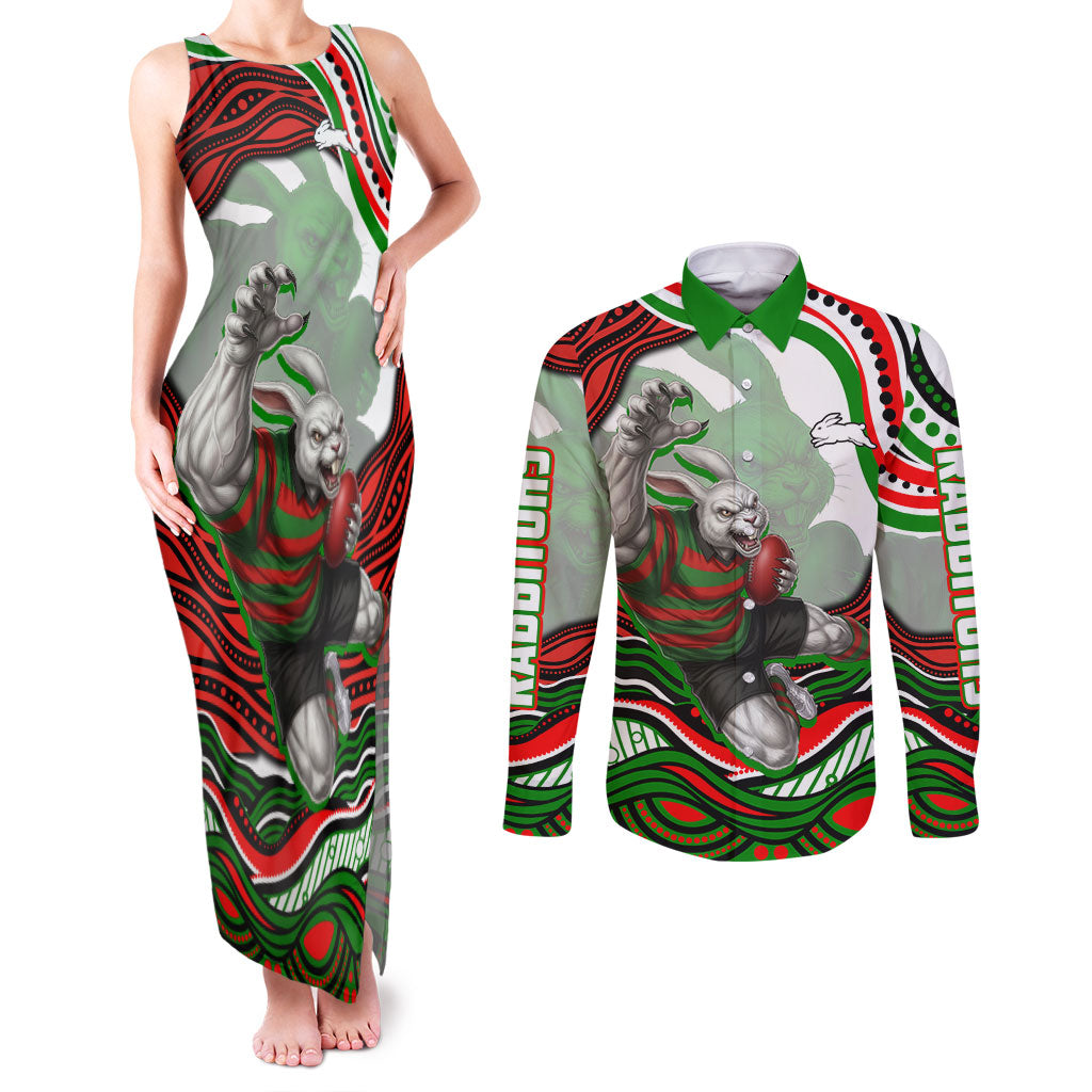 Personalized South Sydney Rabbitohs Couples Matching Tank Maxi Dress and Long Sleeve Button Shirt Aboriginal Dot Art - Dreamtime Rugby Mascot