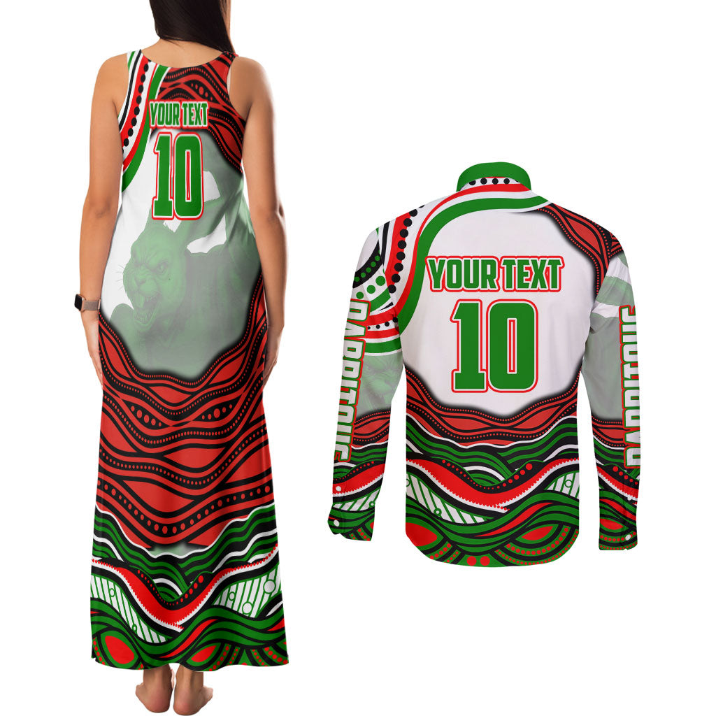 Personalized South Sydney Rabbitohs Couples Matching Tank Maxi Dress and Long Sleeve Button Shirt Aboriginal Dot Art - Dreamtime Rugby Mascot