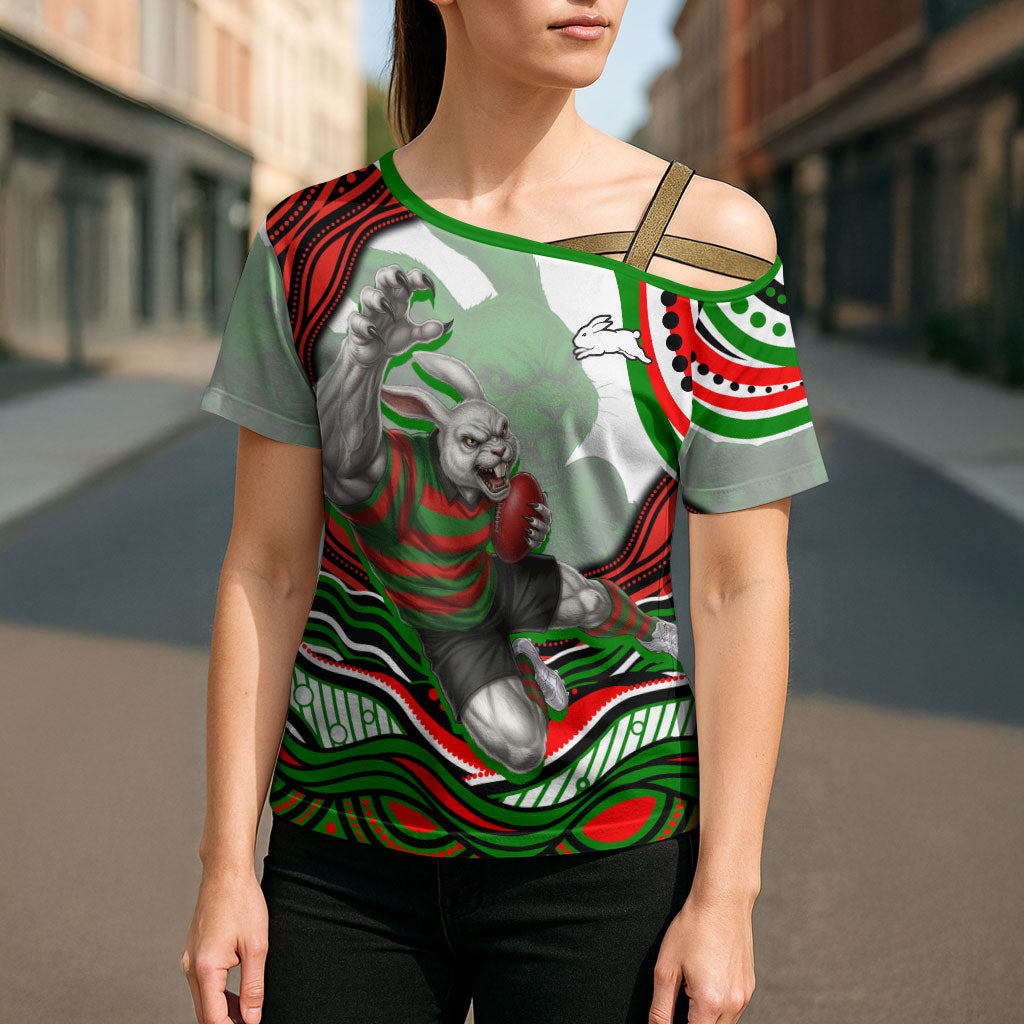 Personalized South Sydney Rabbitohs Cross Shoulder Shirt Aboriginal Dot Art - Dreamtime Rugby Mascot